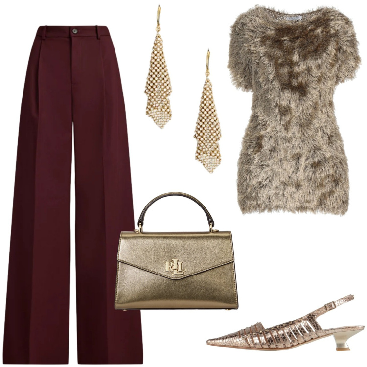 Outfit donna - Serata scintillante. Stile Casual chic per Serata fuori. Abbinamento con pullovers, décolleté, pantaloni, orecchini, borse a mano.