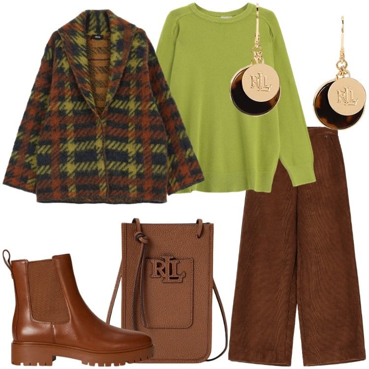 Outfit donna - Dixie - Saldi FW 2025. Stile Trendy per Tutti i giorni. Abbinamento con pullovers, cappotti, pantaloni a palazzo, orecchini, stivaletti chelsea, borse a tracolla.