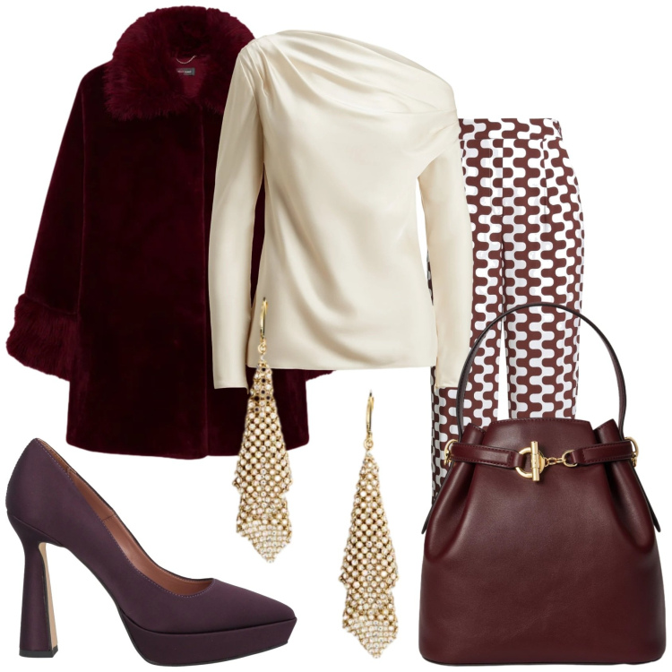 Outfit donna - Festa in casa dei miei amici. Stile Glamour per Serata fuori. Abbinamento con décolleté, pantaloni, bluse, borse a secchiello, orecchini, cappotti.