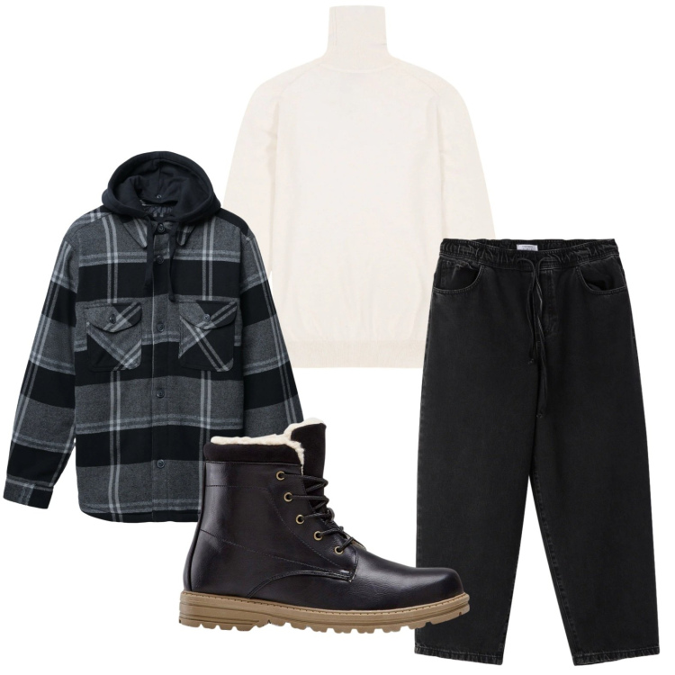 Outfit uomo - Sportivo. Stile Trendy per Tutti i giorni. Abbinamento con stivali e stivaletti, giacche, jeans dritti, maglieria.