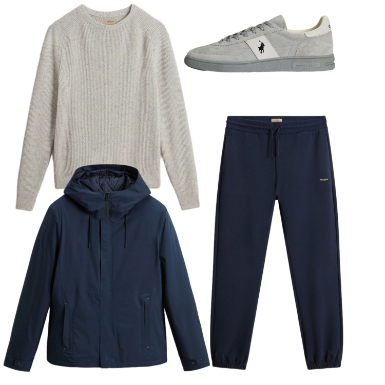 Outfit uomo - Total sporty. Stile Urban per Tutti i giorni. Abbinamento con sneakers, pantaloni, maglieria, giacche.