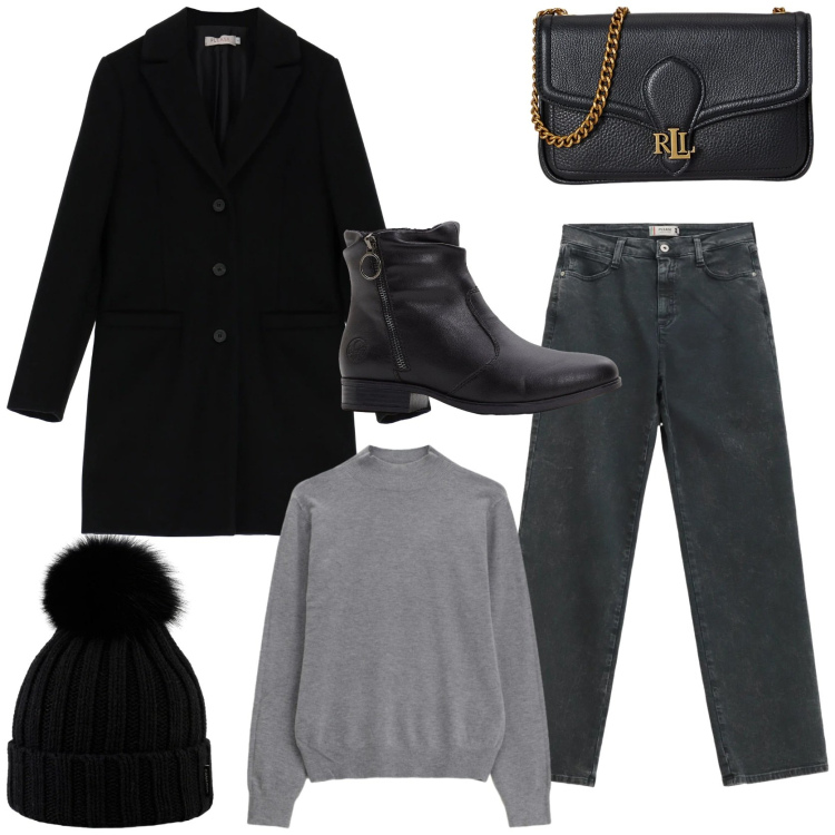 Outfit donna - Sporty chic. Stile Urban per Tutti i giorni. Abbinamento con stivaletti, jeans dritti, cappotti, maglieria, clutch, berretti.