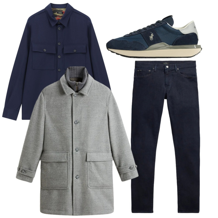 Outfit uomo - Total look. Stile Casual per Tutti i giorni. Abbinamento con camicie, sneakers, jeans, cappotti.