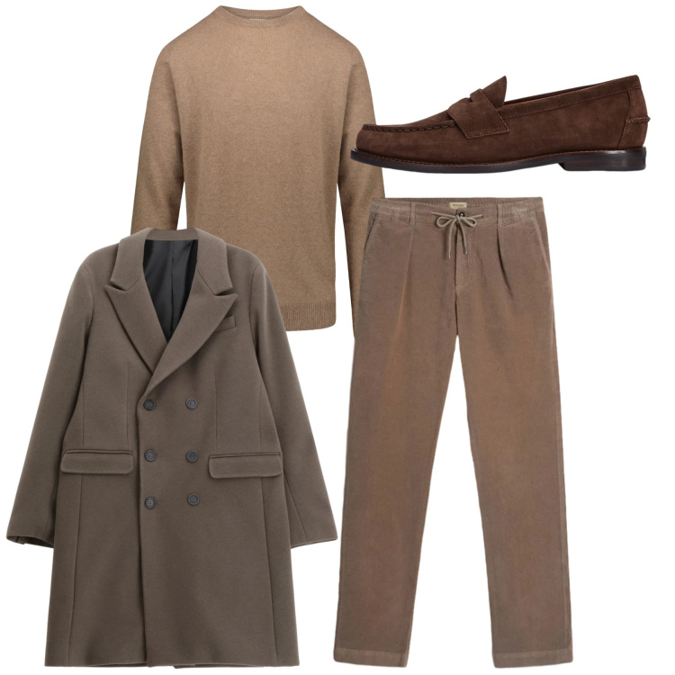 Outfit uomo - Total look. Stile Casual per Tutti i giorni. Abbinamento con cappotti, scarpe stringate, pantaloni, maglieria.