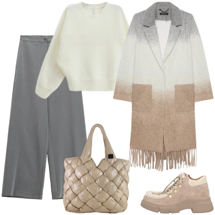 Outfit donna - Gioco di sfumature. Stile Casual chic per Tutti i giorni. Abbinamento con stivaletti, pantaloni a palazzo, maglieria, borse tote, cappotti.