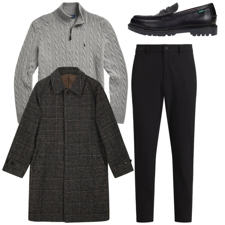 Outfit uomo - Total look. Stile Casual per Serata speciale. Abbinamento con scarpe stringate, pantaloni, maglieria, cappotti.