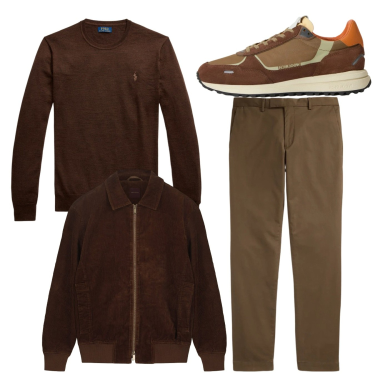 Outfit uomo - Total brown. Stile Casual per Tutti i giorni. Abbinamento con maglieria, pantaloni, sneakers, giacche.