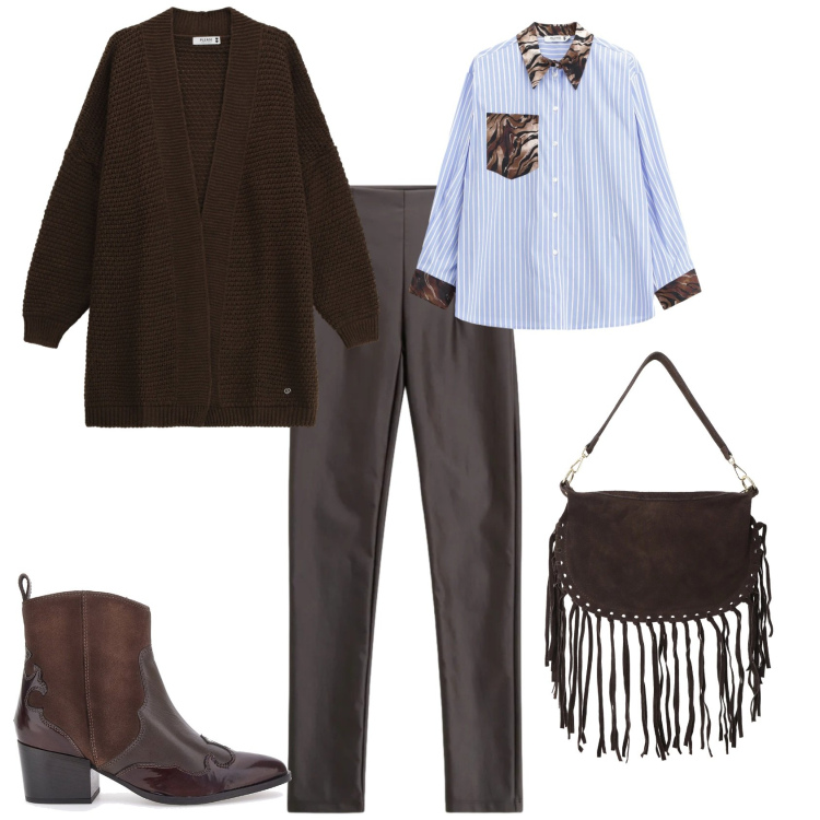 Outfit donna - Trendy ogni giorno marrone azzurro. Stile Trendy per Tutti i giorni. Abbinamento con borse a tracolla, camicie, pantaloni, cardigans, stivaletti texani.