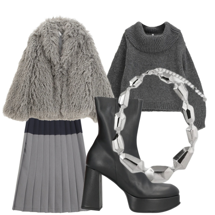 Outfit donna - Soft grey. Stile Basic per Tutti i giorni. Abbinamento con stivaletti, maglieria, gonne longuette, ecopellicce, ciondoli.