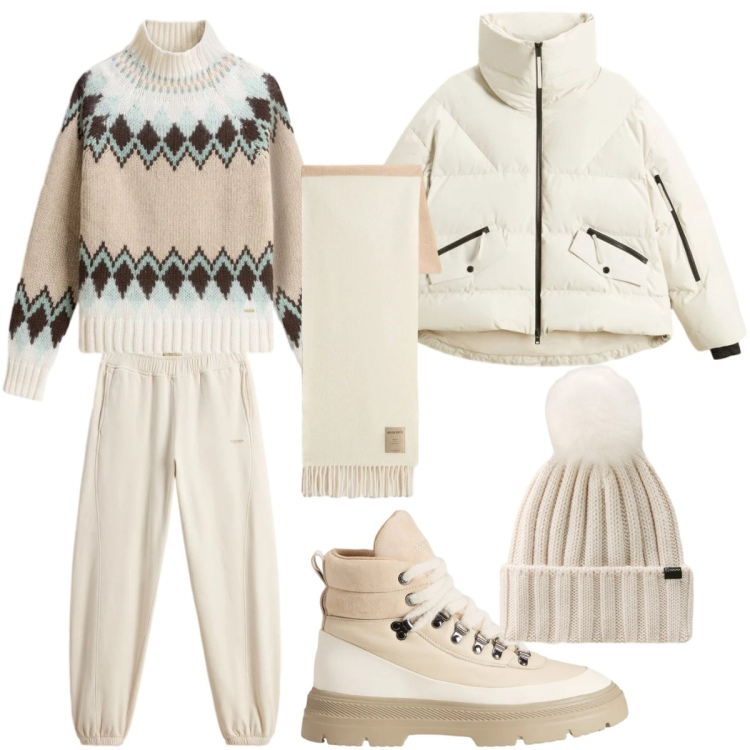 Outfit donna - Total white. per Tutti i giorni. Abbinamento con maglieria, piumini, sciarpe, pantaloni, berretti, anfibi.