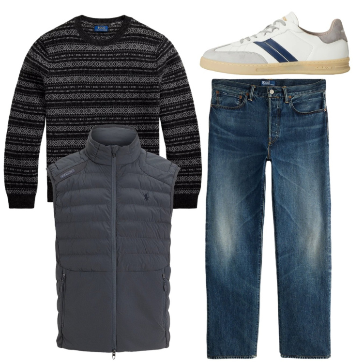Outfit uomo - Total look. Stile Casual per Tutti i giorni. Abbinamento con jeans dritti, maglieria, piumini, sneakers.