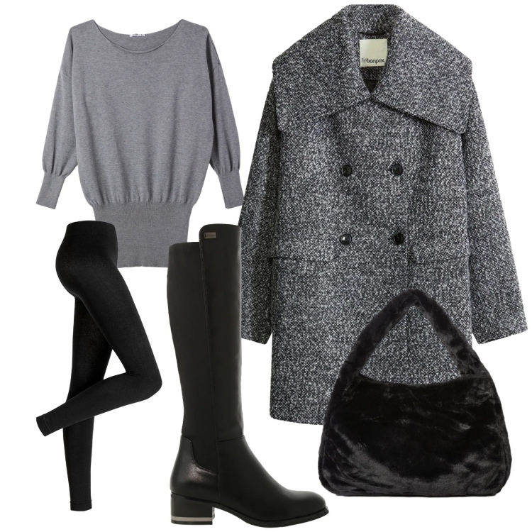 Outfit donna - Giornata di shopping. Stile Casual per Tutti i giorni. Abbinamento con leggings, cappotti, vestiti corti, stivali sopra il ginocchio, borse a spalla.