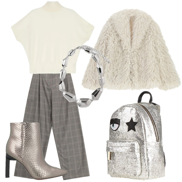 Outfit donna - Total look #2313556. Stile Casual chic Abbinamento con zaini, stivaletti, ecopellicce, maglieria, pantaloni a palazzo, ciondoli.