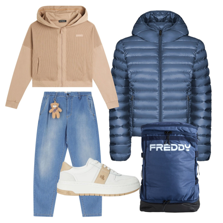 Outfit donna - Sportivamente comoda. Stile Sporty chic per Tutti i giorni. Abbinamento con jeans, zaini, felpe con cappuccio, sneakers, bomber.