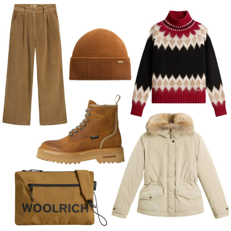Outfit donna - Giorni freddi. Stile Casual per Tutti i giorni. Abbinamento con borse a tracolla, anfibi, blazer, pantaloni, maglieria, berretti.