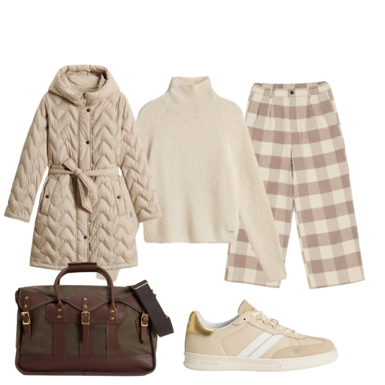 Outfit donna - Pronta per l’ufficio. Stile Casual chic per Tutti i giorni. Abbinamento con borse a tracolla, pantaloni, parka, maglieria, sneakers.