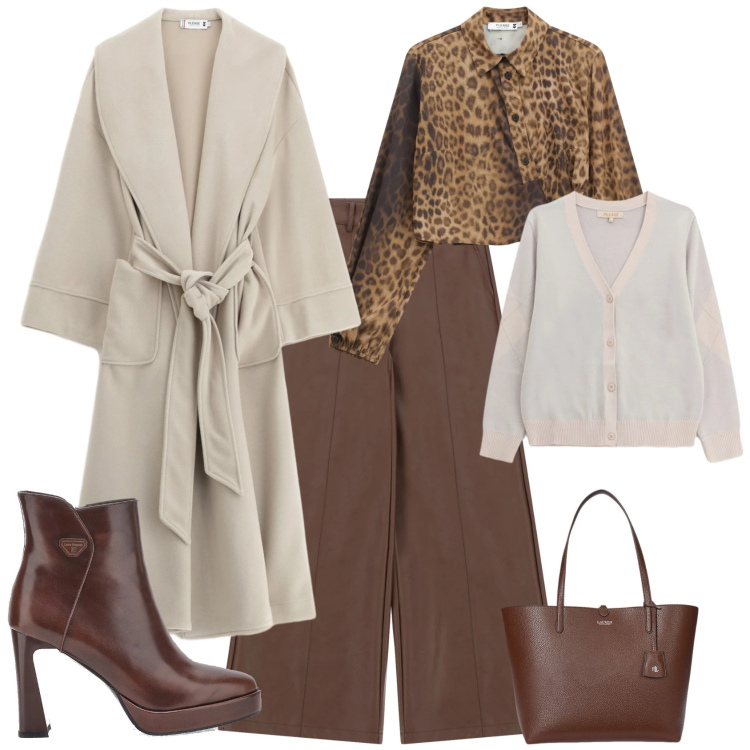 Outfit donna - Casual chic bianco marrone. Stile Casual chic per Tutti i giorni. Abbinamento con cappotti, camicie, cardigans, pantaloni a palazzo, borse tote, stivaletti.