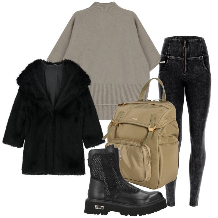 Outfit donna - Colori neutri. Stile Glamour per Scuola/Università. Abbinamento con zaini, stivaletti, cappotti, maglieria, jeans skinny.