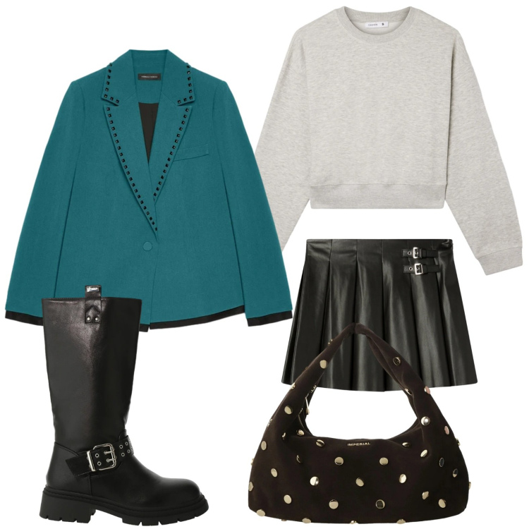 Outfit donna - Il blazer borchiato. Stile Minimal per Serata fuori. Abbinamento con minigonne, felpe, stivali, borse a spalla, blazer.