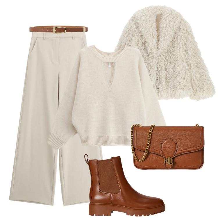 Outfit donna - Panna&cuoio Saldi Imperial. Stile Casual chic per Tutti i giorni. Abbinamento con pantaloni a palazzo, ecopellicce, cinture, maglieria, stivaletti chelsea, clutch.