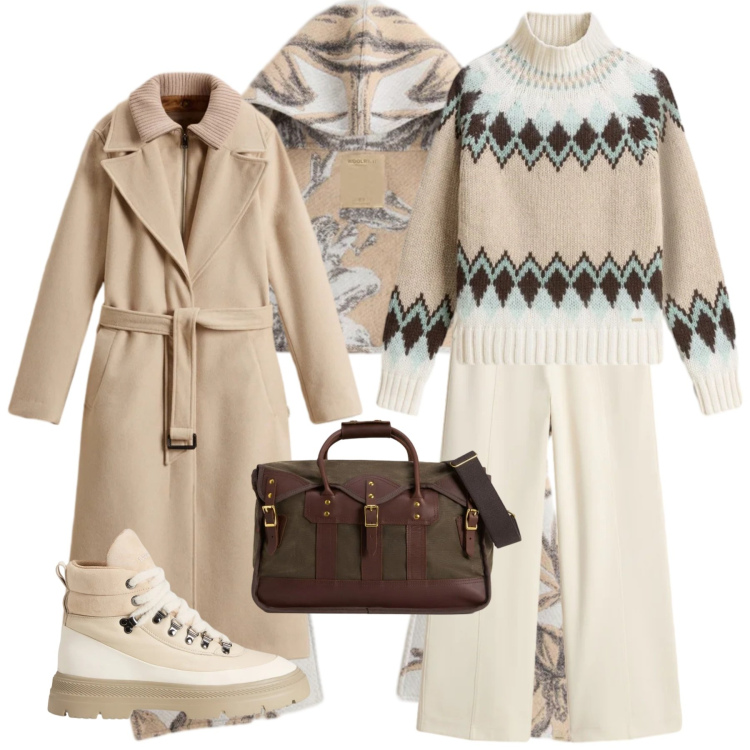 Outfit donna - Settimana bianca. Stile Basic per Tutti i giorni. Abbinamento con borse a tracolla, cappotti, pantaloni, maglieria, sciarpe, anfibi.