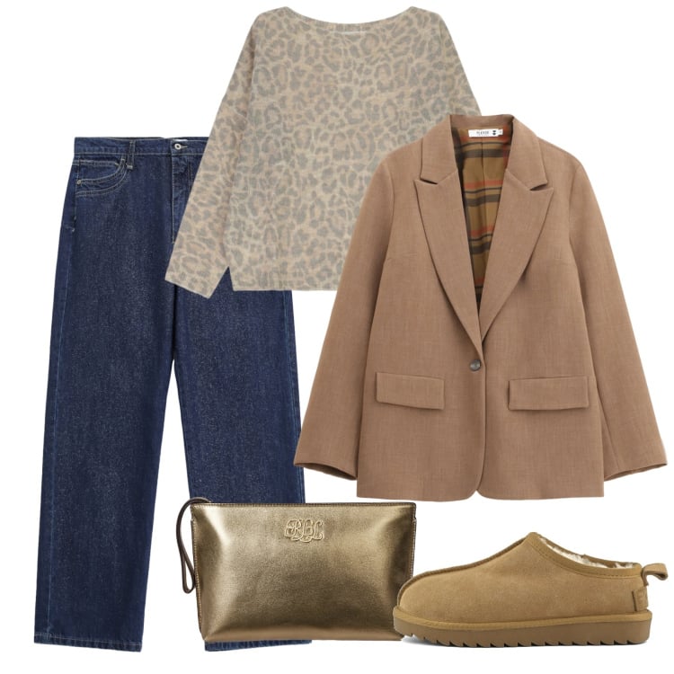 Outfit donna - Please - Saldi FW 2025. Stile Casual per Tutti i giorni. Abbinamento con blazer, maglieria, jeans dritti, pochette, sabot.