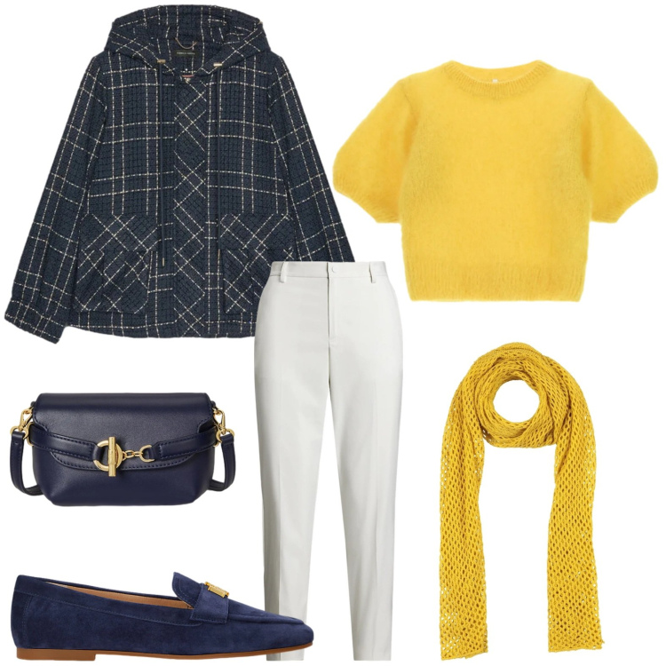 Outfit donna - Giochi cromatici. Stile Casual per Tutti i giorni. Abbinamento con sciarpe, t-shirt, pantaloni, mocassini, borse a tracolla, blazer.