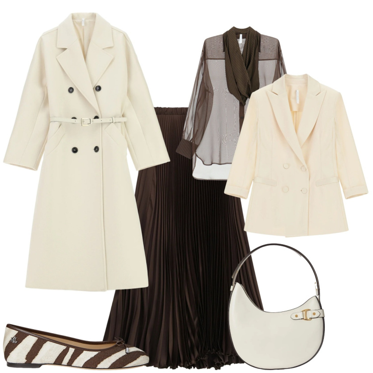 Outfit donna - Chic bianco marrone. Stile Chic per Cerimonia. Abbinamento con cappotti, camicie, blazer, gonne lunghe, borse a spalla, ballerine.
