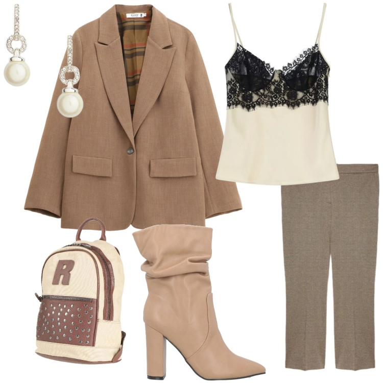 Outfit donna - Sunday breakfast. Stile Casual chic per Tutti i giorni. Abbinamento con stivaletti, zaini, canottiere, blazer, orecchini, pantaloni.