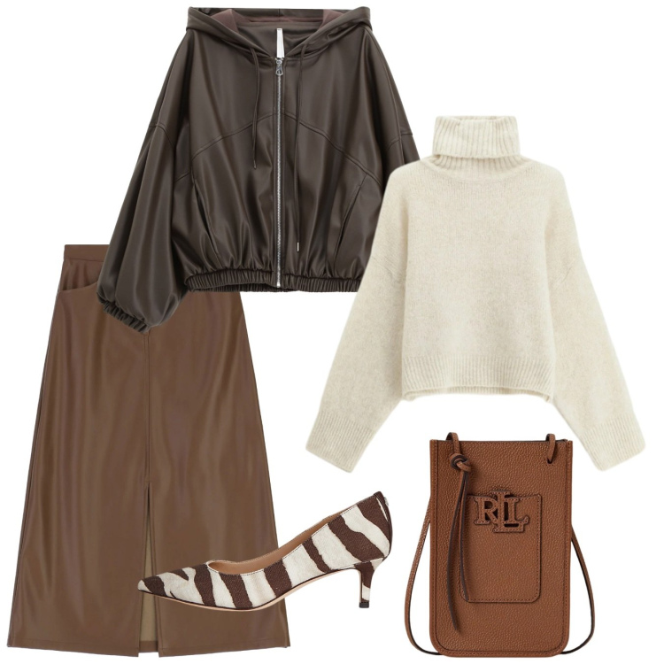 Outfit donna - Imperial - Saldi FW 2025. Stile Bon Ton per Tutti i giorni. Abbinamento con bomber, maglieria, gonne longuette, décolleté, borse a tracolla.