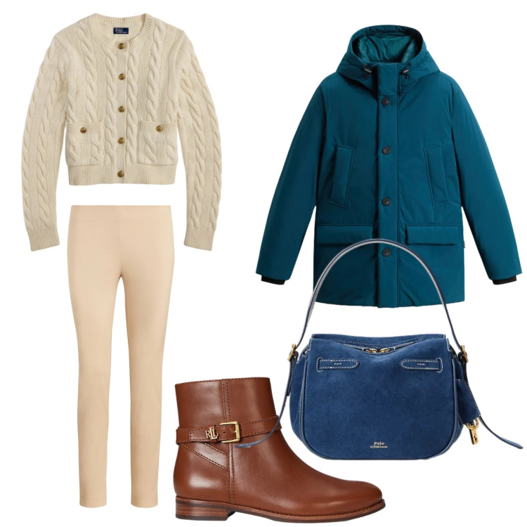 Outfit donna - Silhouette invernale. Stile Urban per Ufficio. Abbinamento con pantaloni skinny, cardigans, borse a mano, stivaletti, parka.