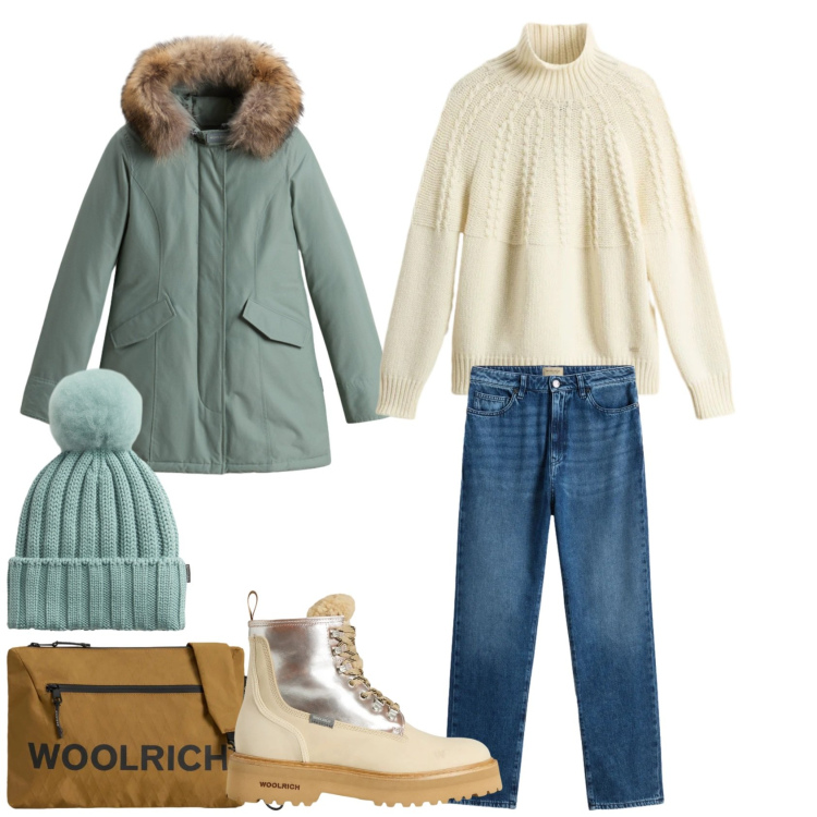 Outfit donna - Total look #2313612. Stile Basic per Tutti i giorni. Abbinamento con borse a tracolla, jeans, anfibi, maglieria, berretti, parka.