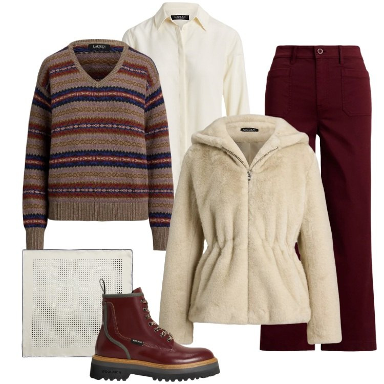 Outfit donna - Total look #2313618. Stile Vintage retrò per Tutti i giorni. Abbinamento con pantaloni, foulard, blazer, camicie, maglieria, anfibi.