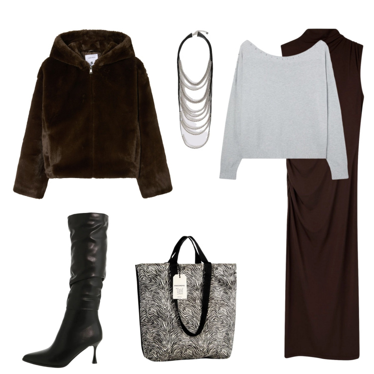 Outfit donna - Cena in grigio. Stile Casual chic per Serata fuori. Abbinamento con vestiti lunghi, maglieria, ecopellicce, stivali sopra il ginocchio, borse tote, collane.