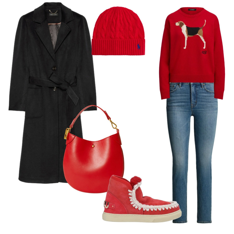 Outfit donna - Total look #2313621. Stile Casual per Tutti i giorni. Abbinamento con stivaletti, jeans dritti, pochette, berretti, maglieria, cappotti.