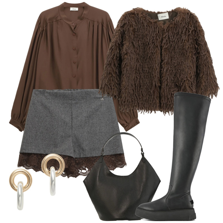 Outfit donna - Dixie - Saldi FW 2025. Stile Chic per Serata fuori. Abbinamento con orecchini, camicie, borse a spalla, blazer, shorts, stivali sopra il ginocchio.