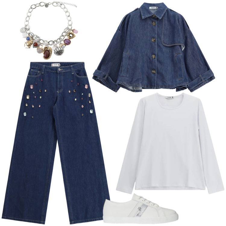 Outfit donna - Saldi Please: denim, il protagonista. Stile Casual per Tutti i giorni. Abbinamento con braccialetti con ciondoli, jeans, t-shirt, blazer, sneakers.