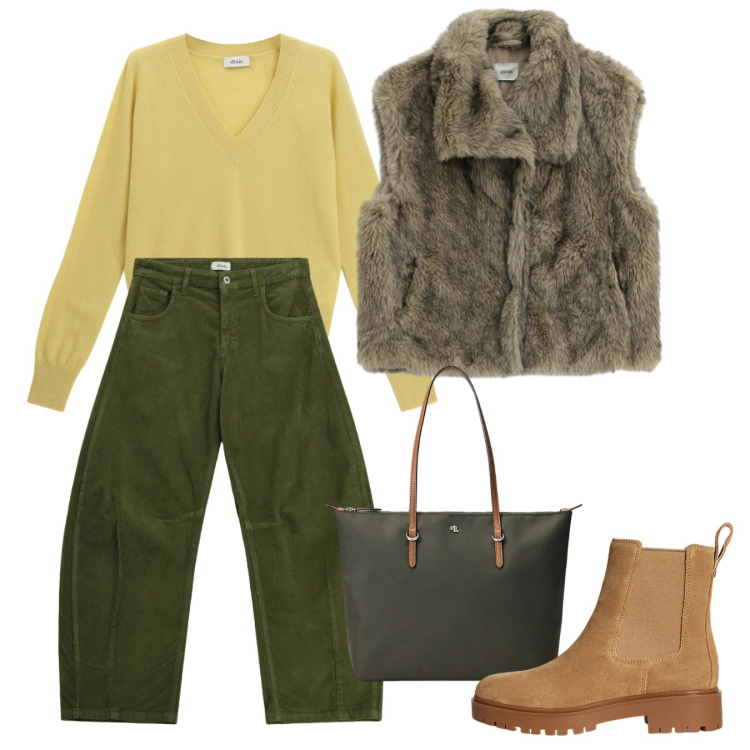 Outfit donna - Dixie - Saldi FW 2025. Stile Casual per Tutti i giorni. Abbinamento con pantaloni a palazzo, maglieria, camicie, borse tote, stivaletti chelsea.