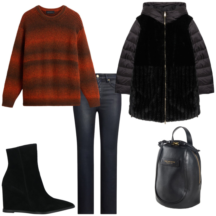 Outfit donna - Maglione caldo abbraccio. Stile Casual per Tutti i giorni. Abbinamento con stivaletti, zaini, jeans dritti, maglieria, piumini.