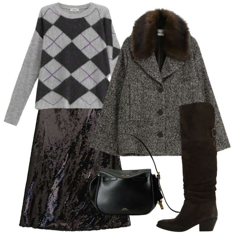 Outfit donna - Dixie - Saldi FW 2025. Stile Bon Ton per Serata fuori. Abbinamento con borse a mano, maglieria, stivali, cappotti, gonne longuette.