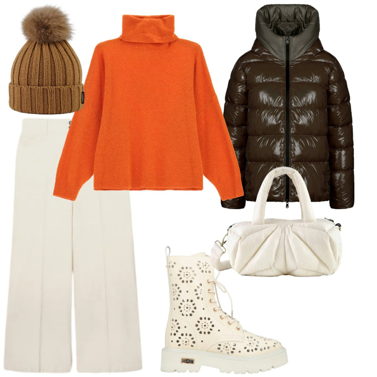 Outfit donna - La neve. per Tutti i giorni. Abbinamento con anfibi, maglieria, piumini, borse a mano, berretti, pantaloni chino.