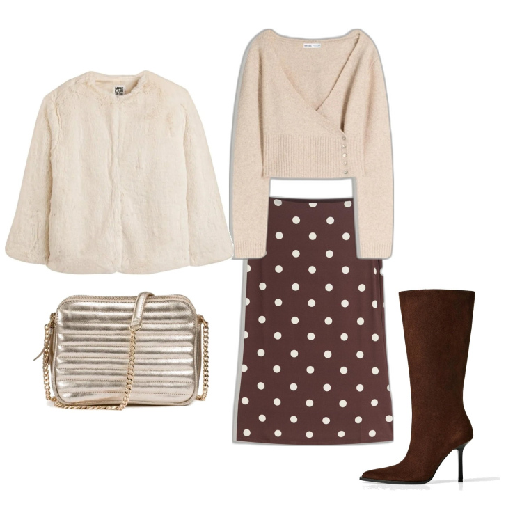 Outfit mujer - Chic #124. Estilo Chic para Oficina. Combinación con falda longuette, cárdigans, abrigos, bolsos de hombro, botas.