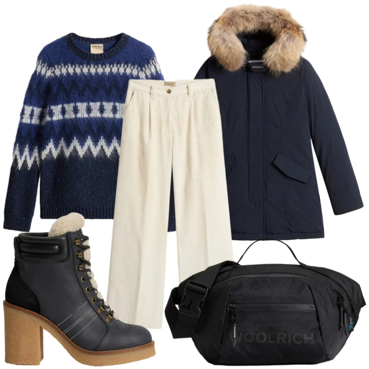Outfit donna - Total look #2313651. Stile Casual per Serata fuori. Abbinamento con parka, borse a tracolla, pantaloni, stivaletti, maglieria.