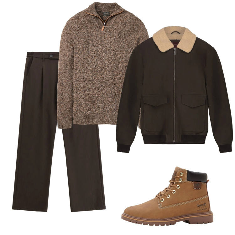 Outfit uomo - Gennaio. Stile Casual per Tutti i giorni. Abbinamento con maglieria, stivali e stivaletti, pantaloni, bomber.