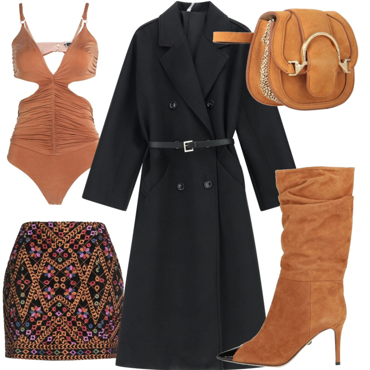 Outfit donna - Nero e fantasia. Stile Sexy per Serata fuori. Abbinamento con marsupi, body, minigonne, stivali, cappotti.