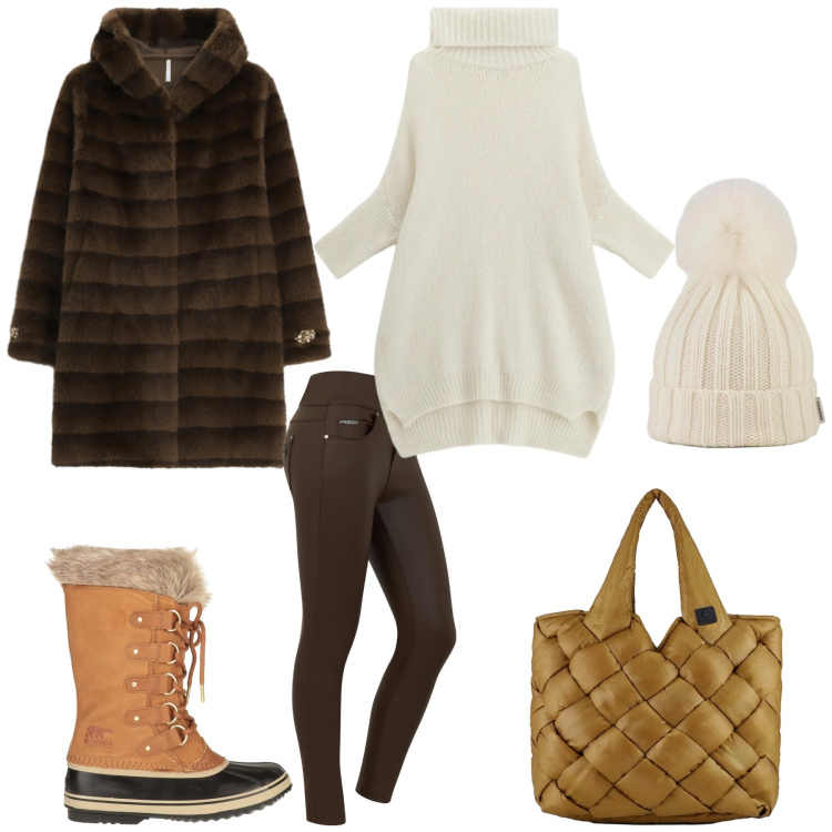 Outfit donna - Confortevole maxi pull. Stile Glamour per Tutti i giorni. Abbinamento con stivali da neve, ecopellicce, maglieria, jeans skinny, borse tote, berretti.