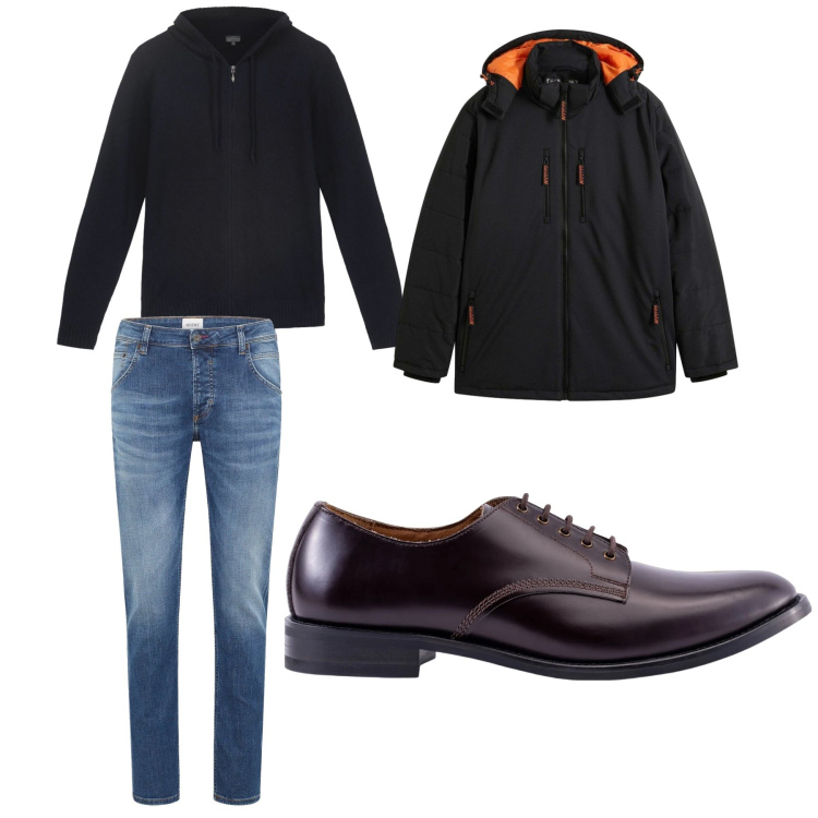 Outfit uomo - Inverno pratico, stile deciso. Stile Urban per Tutti i giorni. Abbinamento con giacche, jeans dritti, scarpe stringate, felpe con cappuccio.