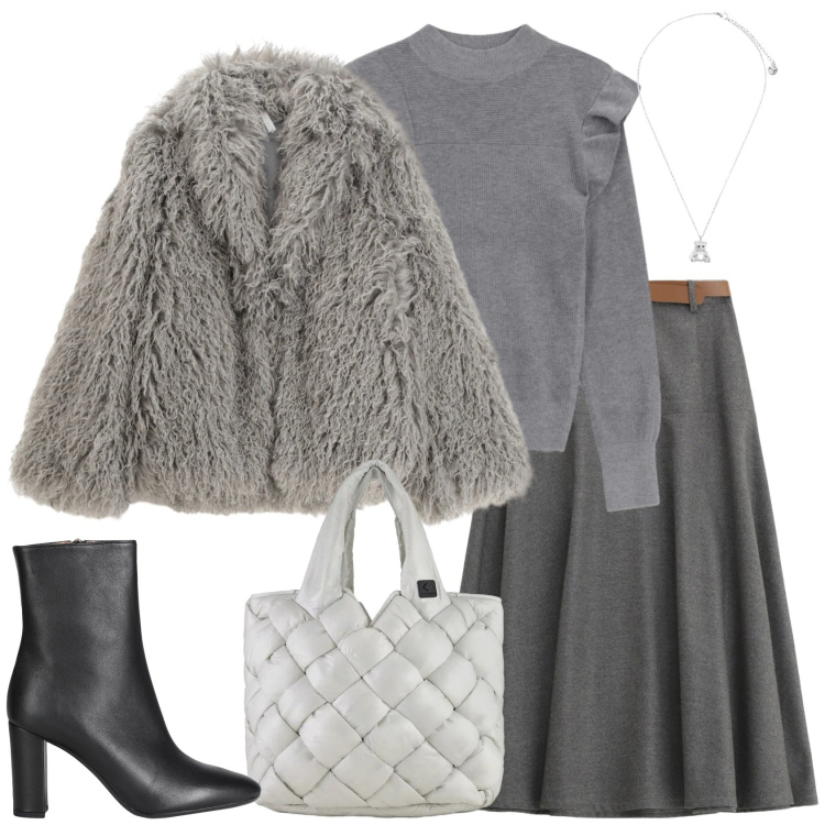 Outfit donna - Grigio inverno. Stile Casual chic per Ufficio. Abbinamento con stivaletti, gonne lunghe, maglieria, ecopellicce, ciondoli, borse tote.