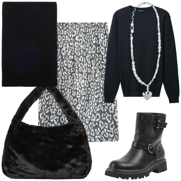 Outfit donna - Che amore di saldi. Stile Urban per Tutti i giorni. Abbinamento con pullovers, stivaletti, gonne, collane, borse a spalla, sciarpe.