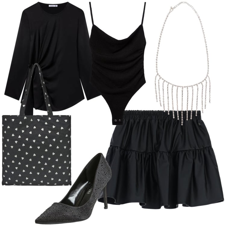 Outfit donna - Che carina risparmiosa. Stile Glamour per Serata fuori. Abbinamento con décolleté, collane, borse tote, body, bluse, minigonne.